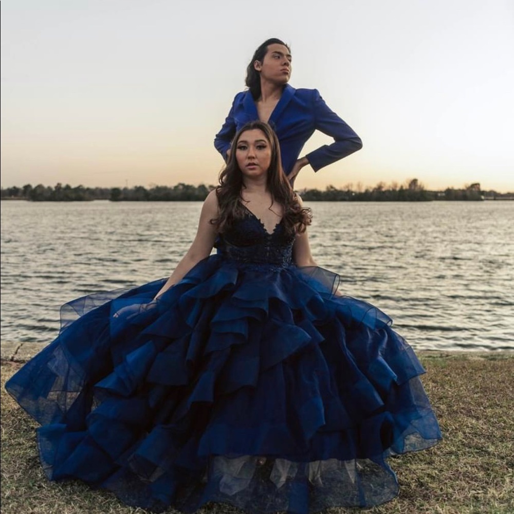 Elle Wilde Navy Blue Tulle Ruffled Ball Gown Dress